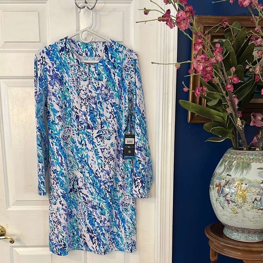 NWT IBKUL UPF 50+ Golf Dress Long Sleeve Zip-Crew Neck Cat Cay Navy Seafrom Sz.M - Picture 2 of 8